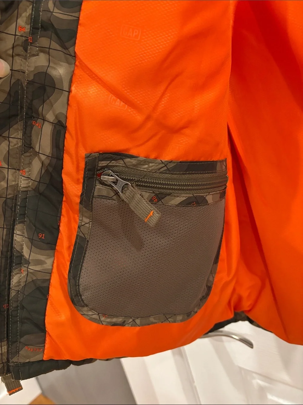 GAP Camouflage Puffer Vest with Bright Orange Trim